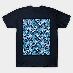 Monochrome Blue and White Seahorses and Starfish Pattern T-Shirt